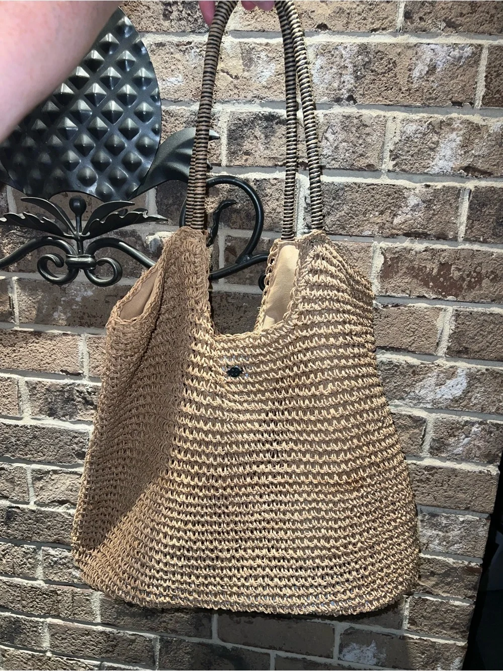 Woven Tan Straw Tote Bag with Double Handles